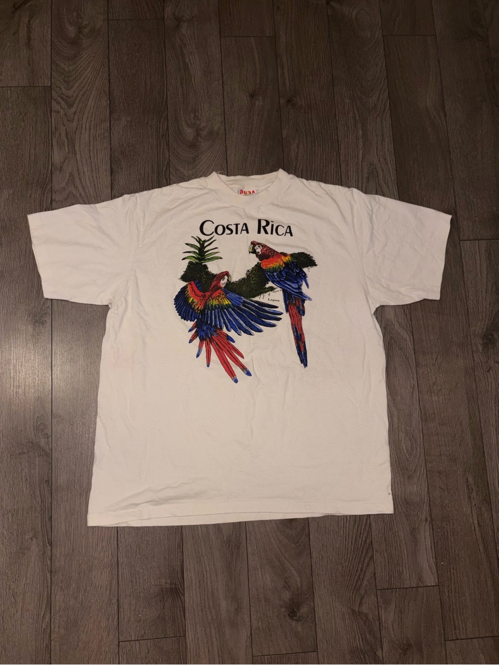 Vintage Costa Rica Parrot Graphic Tee - White with Red/Blue/Green Print